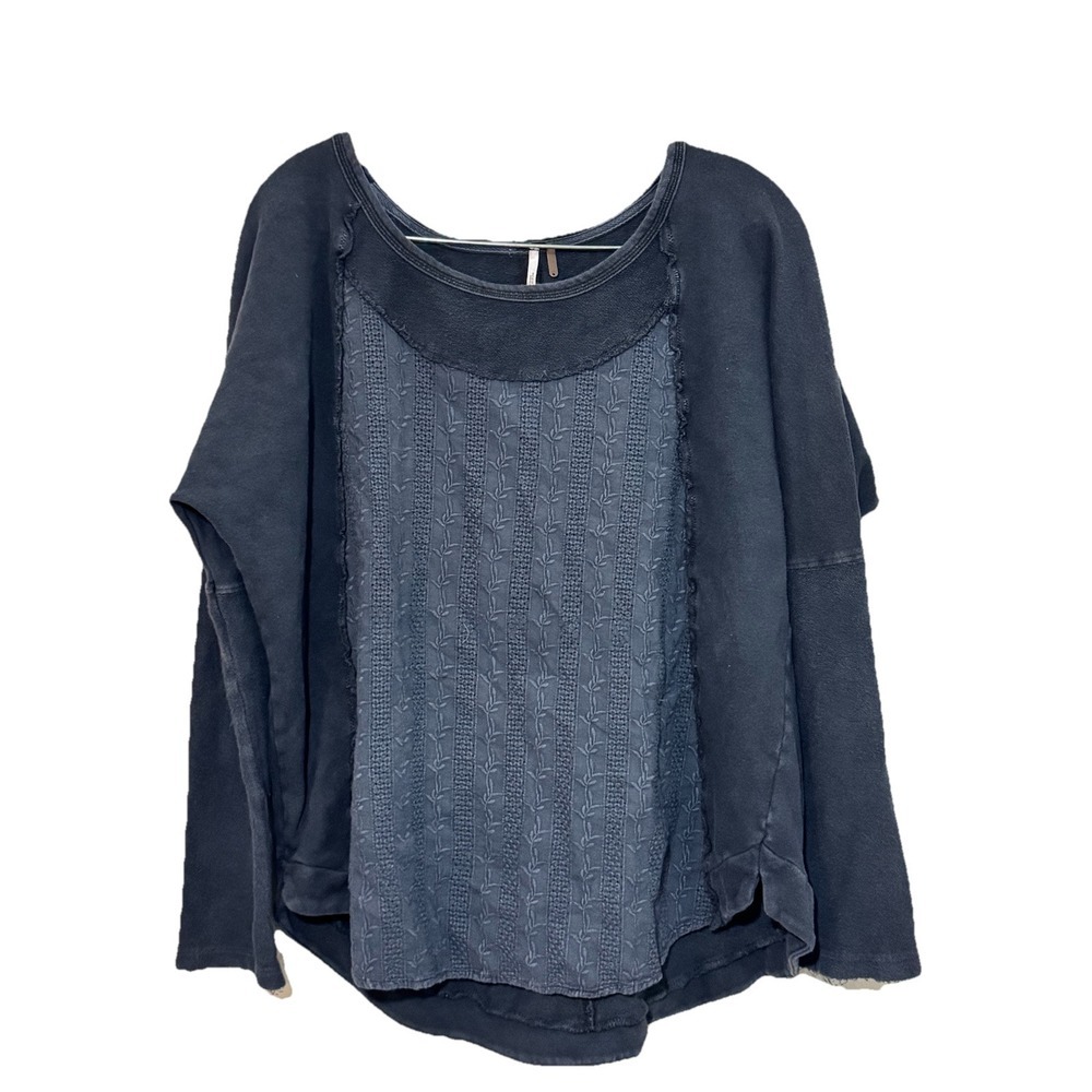 Free People Blue Distressed Lace Eyelet Long Sleeve‎ Tee Navy Small Boho